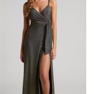 Showpo MAYAAH MAXI DRESS - LUREX WRAP FRONT THIGH SPLIT DRESS IN GOLD size 6